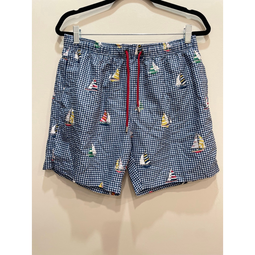 Franks Swim Trunks Size L Gingham Plaid Sailboats Preppy Coastal Resort Beach